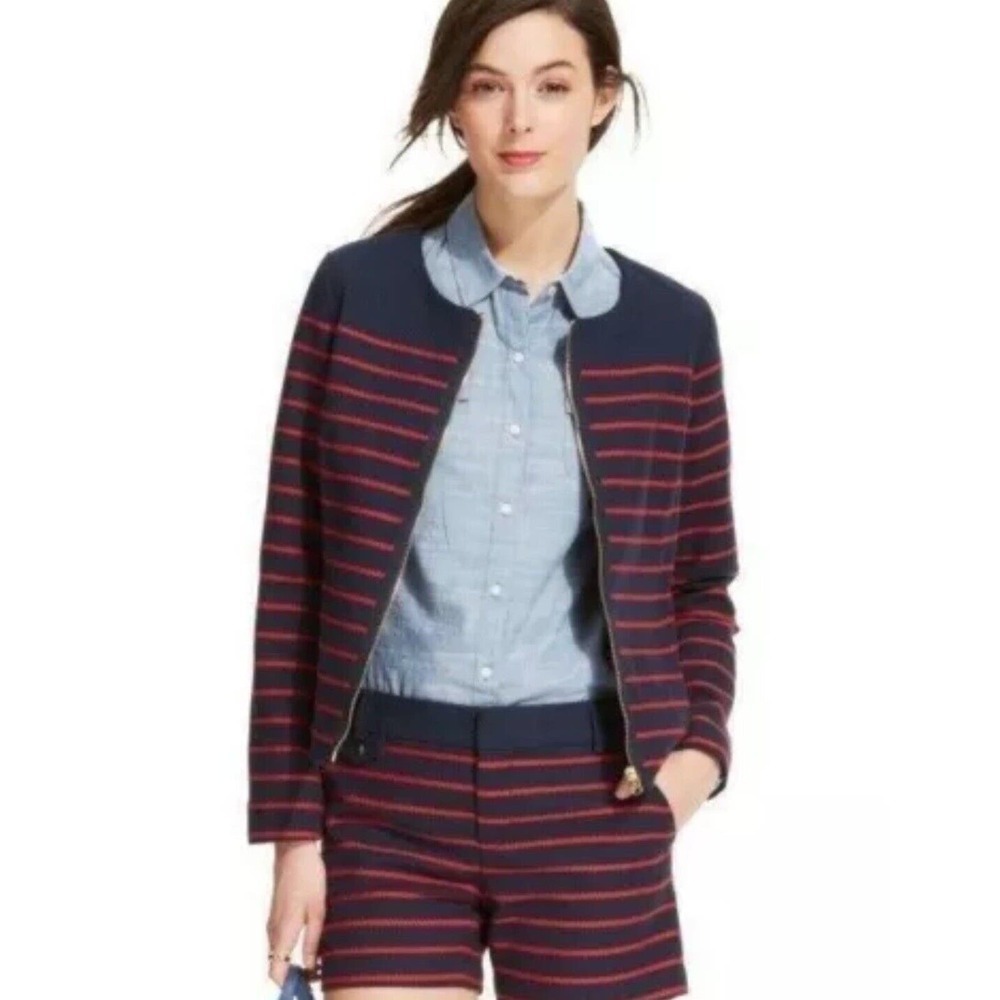 Tommy Hilfiger Women's Large Basket-Weave Striped Jacket Lined Navy Blue Red